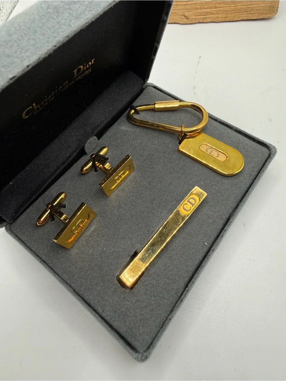 Dior Gold Men’s Cufflink, Tie Clip & Keyring Set